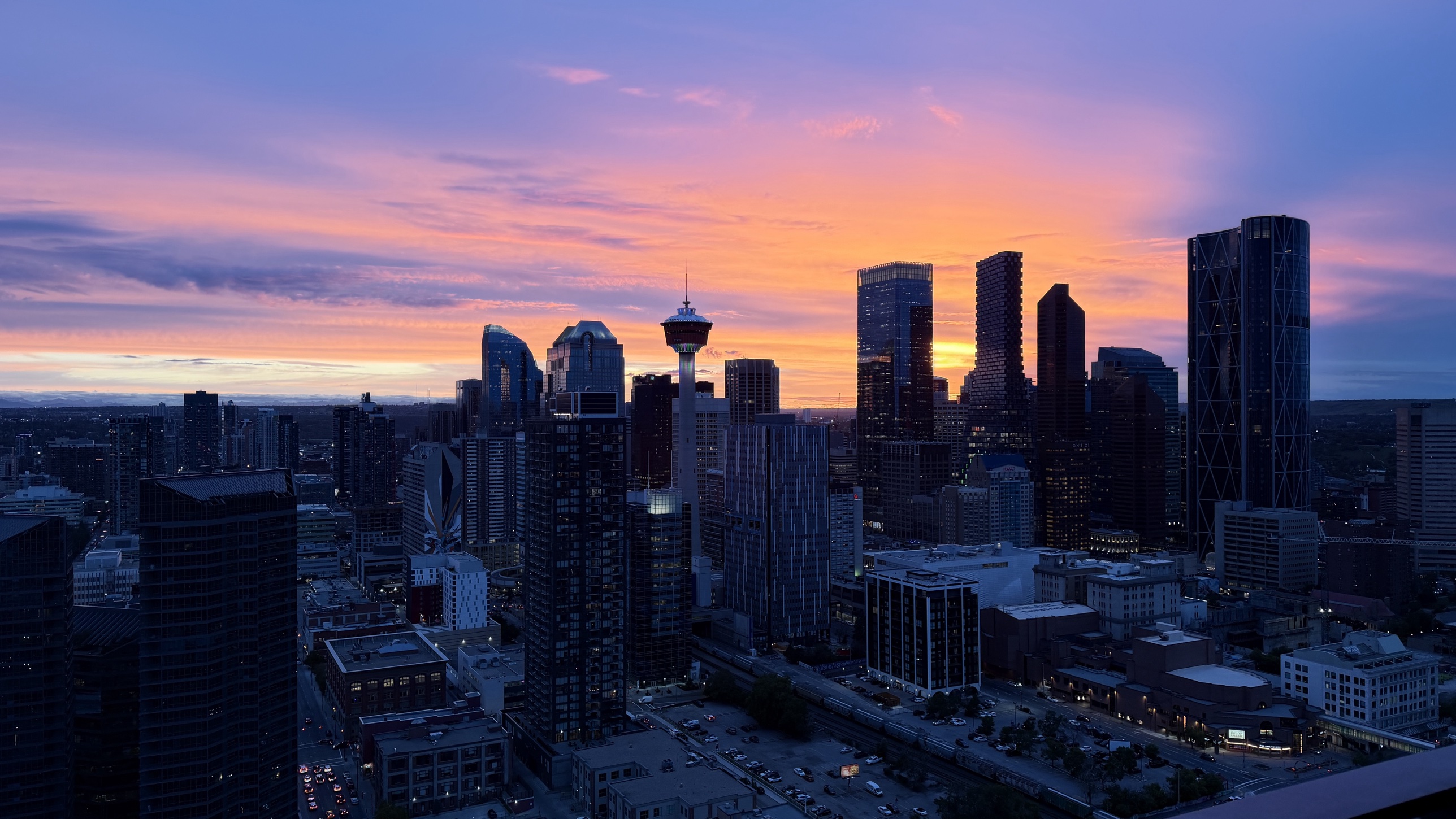 Calgary skyline and Calgary Tower at sunset